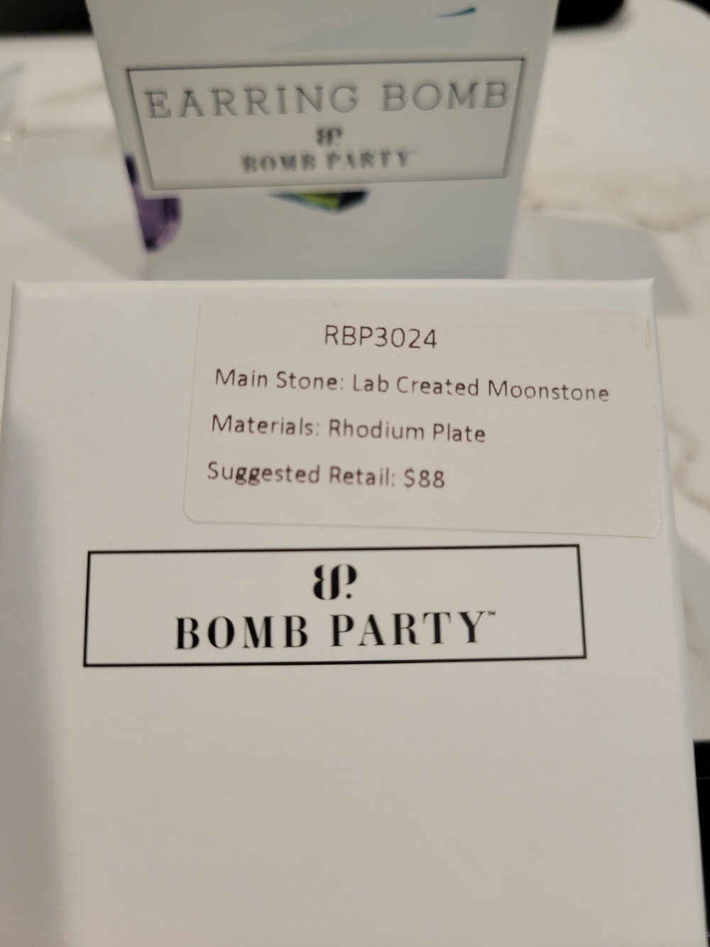 Bomb Party Rhodium Plate. Lab Created Moonstone Earrimgs - Picture 2 of 3